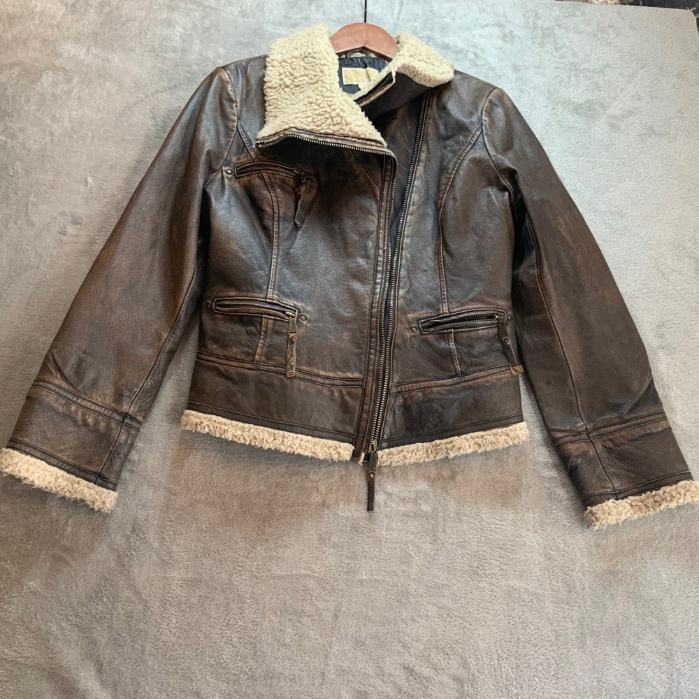 Michael Kors Womens Brown Leather Faux Fur Shearling Moto Aviator Jacket Large